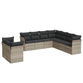 vidaXL 9-tlg. Garten-Sofagarnitur mit Kissen Hellgrau Poly Rattan
