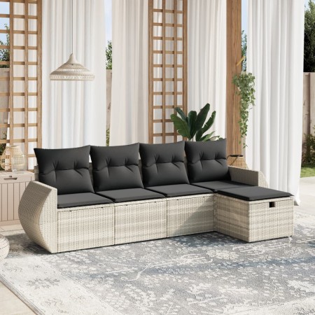 vidaXL 5-tlg. Garten-Sofagarnitur mit Kissen Hellgrau Poly Rattan