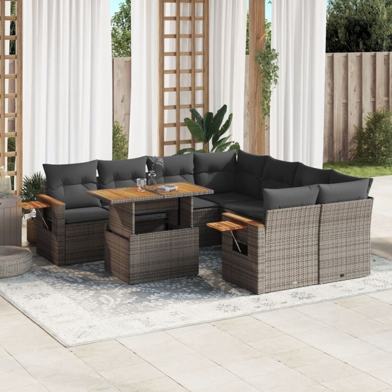 vidaXL 9-tlg. Garten-Sofagarnitur mit Kissen Grau Poly Rattan vidaXL 9-tlg. Garten-Sofagarnitur mit Kissen Grau Poly Rattan