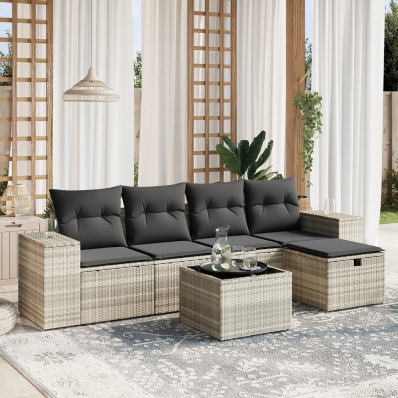 vidaXL 6-tlg. Garten-Sofagarnitur mit Kissen Hellgrau Poly Rattan