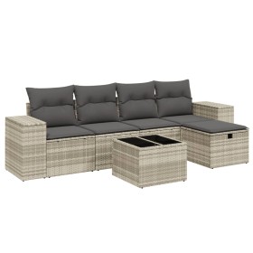 vidaXL 6-tlg. Garten-Sofagarnitur mit Kissen Hellgrau Poly Rattan