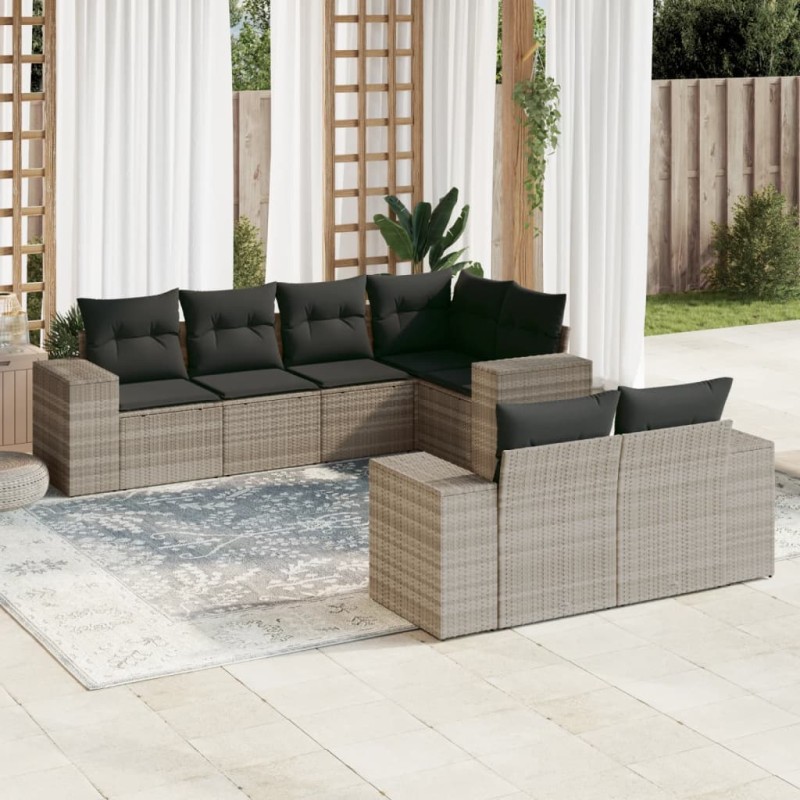 vidaXL 7-tlg. Garten-Sofagarnitur mit Kissen Hellgrau Poly Rattan vidaXL 7-tlg. Garten-Sofagarnitur mit Kissen Hellgrau Poly Rattan