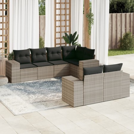 vidaXL 7-tlg. Garten-Sofagarnitur mit Kissen Hellgrau Poly Rattan