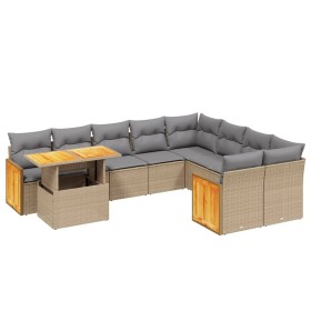 vidaXL 10-tlg. Garten-Sofagarnitur mit Kissen Beige Poly Rattan