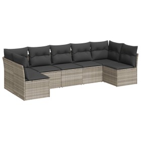 vidaXL 7-tlg. Garten-Sofagarnitur mit Kissen Hellgrau Poly Rattan