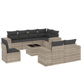 vidaXL 9-tlg. Garten-Sofagarnitur mit Kissen Hellgrau Poly Rattan