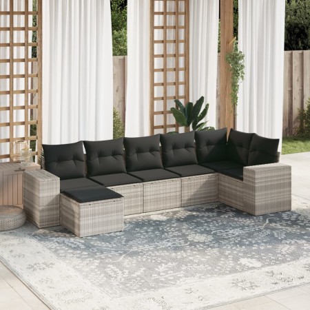 vidaXL 7-tlg. Garten-Sofagarnitur mit Kissen Hellgrau Poly Rattan