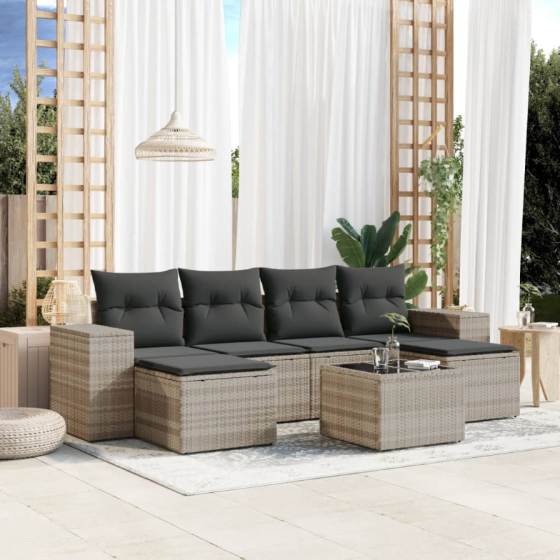 vidaXL 7-tlg. Garten-Sofagarnitur mit Kissen Hellgrau Poly Rattan vidaXL 7-tlg. Garten-Sofagarnitur mit Kissen Hellgrau Poly Rattan
