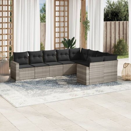 vidaXL 9-tlg. Garten-Sofagarnitur mit Kissen Hellgrau Poly Rattan