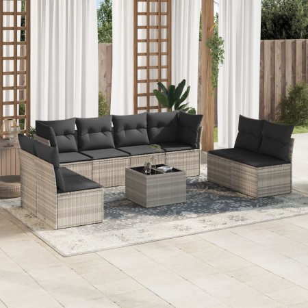 vidaXL 9-tlg. Garten-Sofagarnitur mit Kissen Hellgrau Poly Rattan
