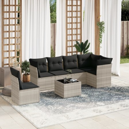 vidaXL 7-tlg. Garten-Sofagarnitur mit Kissen Hellgrau Poly Rattan