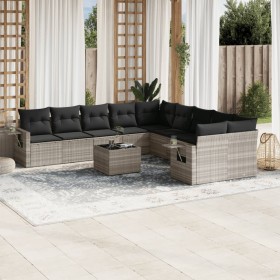 vidaXL 11-tlg. Garten-Sofagarnitur mit Kissen Hellgrau Poly Rattan