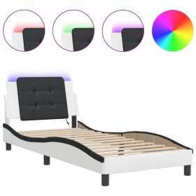 vidaXL Bettgestell mit LED Weiß und Schwarz 90x190 cm Kunstleder
