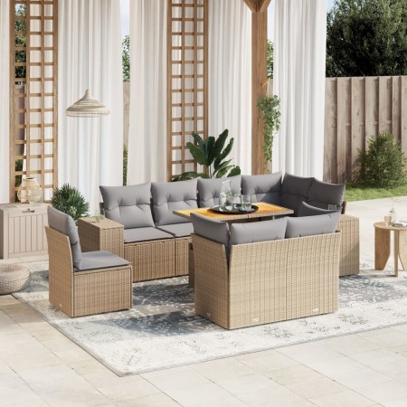 vidaXL 9-tlg. Garten-Sofagarnitur mit Kissen Beige Poly Rattan