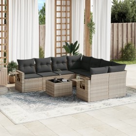 vidaXL 9-tlg. Garten-Sofagarnitur mit Kissen Hellgrau Poly Rattan