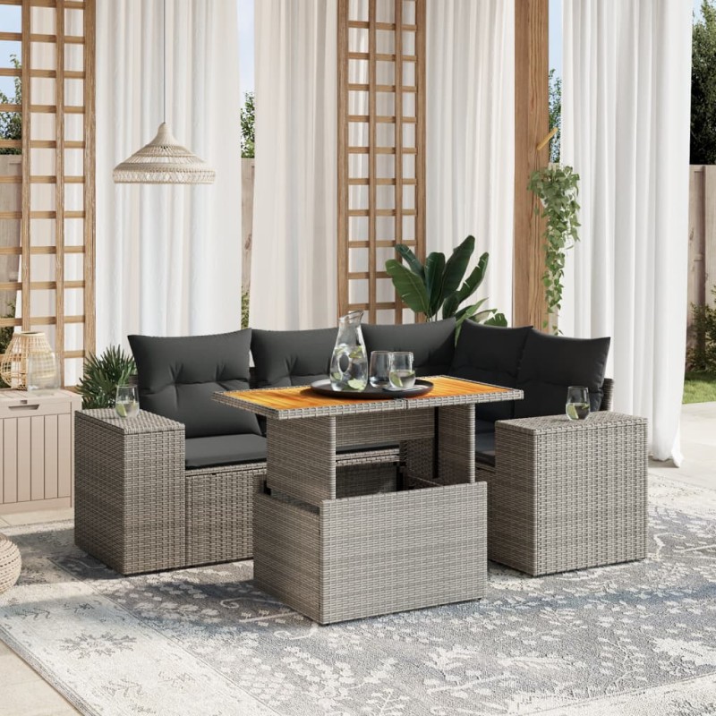 vidaXL 5-tlg. Garten-Sofagarnitur mit Kissen Grau Poly Rattan vidaXL 5-tlg. Garten-Sofagarnitur mit Kissen Grau Poly Rattan