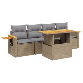 vidaXL 5-tlg. Garten-Sofagarnitur mit Kissen Beige Poly Rattan