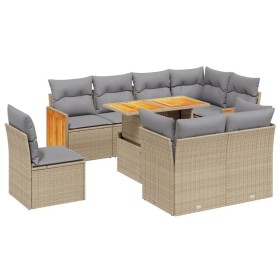 vidaXL 9-tlg. Garten-Sofagarnitur mit Kissen Beige Poly Rattan