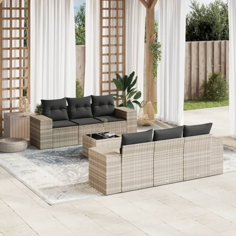 vidaXL 7-tlg. Garten-Sofagarnitur mit Kissen Hellgrau Poly Rattan vidaXL 7-tlg. Garten-Sofagarnitur mit Kissen Hellgrau Poly Rattan
