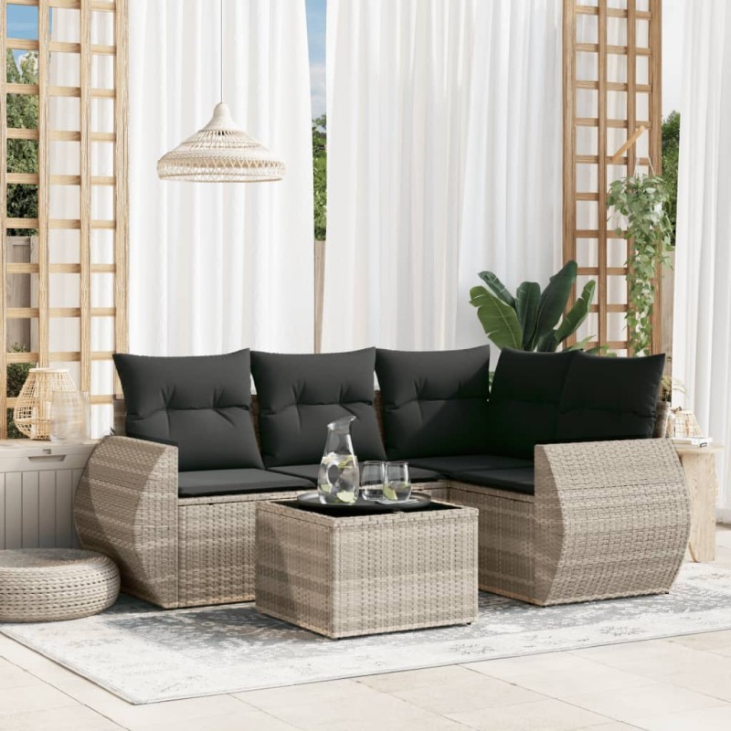 vidaXL 5-tlg. Garten-Sofagarnitur mit Kissen Hellgrau Poly Rattan vidaXL 5-tlg. Garten-Sofagarnitur mit Kissen Hellgrau Poly Rattan