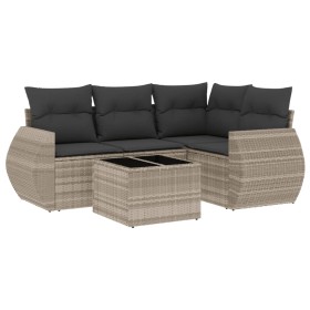 vidaXL 5-tlg. Garten-Sofagarnitur mit Kissen Hellgrau Poly Rattan