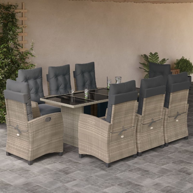 vidaXL 9-tlg. Garten-Essgruppe mit Kissen Hellgrau Poly Rattan