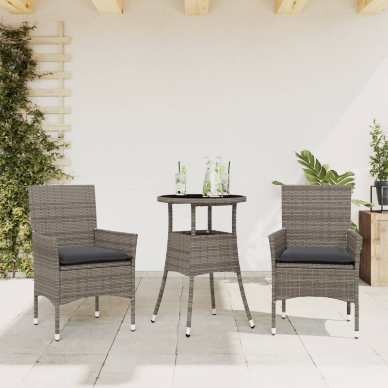vidaXL 3-tlg. Garten-Essgruppe mit Kissen Grau Poly Rattan und Glas vidaXL 3-tlg. Garten-Essgruppe mit Kissen Grau Poly Rattan und Glas