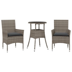 vidaXL 3-tlg. Garten-Essgruppe mit Kissen Grau Poly Rattan und Glas