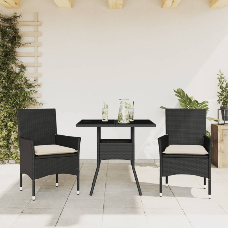 vidaXL 3-tlg. Garten-Essgruppe mit Kissen Schwarz Poly Rattan Glas vidaXL 3-tlg. Garten-Essgruppe mit Kissen Schwarz Poly Rattan Glas