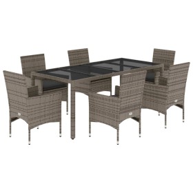 vidaXL 7-tlg. Garten-Essgruppe mit Kissen Grau Poly Rattan und Glas