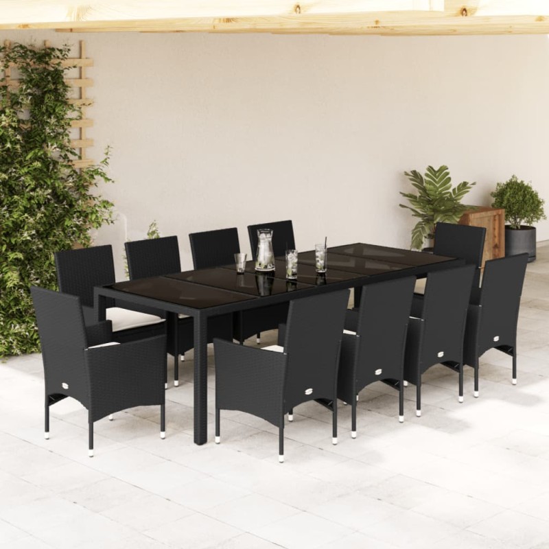 vidaXL 11-tlg. Garten-Essgruppe mit Kissen Schwarz Poly Rattan Glas vidaXL 11-tlg. Garten-Essgruppe mit Kissen Schwarz Poly Rattan Glas