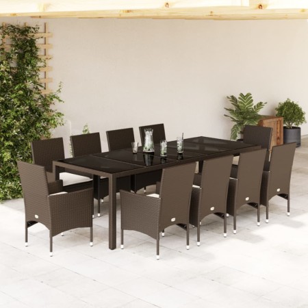 vidaXL 11-tlg. Garten-Essgruppe mit Kissen Braun Poly Rattan Glas