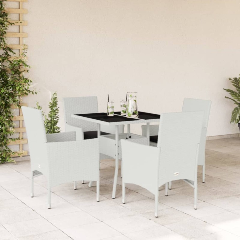 vidaXL 5-tlg. Garten-Essgruppe mit Kissen Weiß Poly Rattan und Glas vidaXL 5-tlg. Garten-Essgruppe mit Kissen Weiß Poly Rattan und Glas
