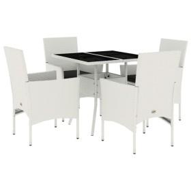 vidaXL 5-tlg. Garten-Essgruppe mit Kissen Weiß Poly Rattan und Glas