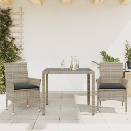 vidaXL 3-tlg. Garten-Essgruppe mit Kissen Hellgrau Poly Rattan Glas