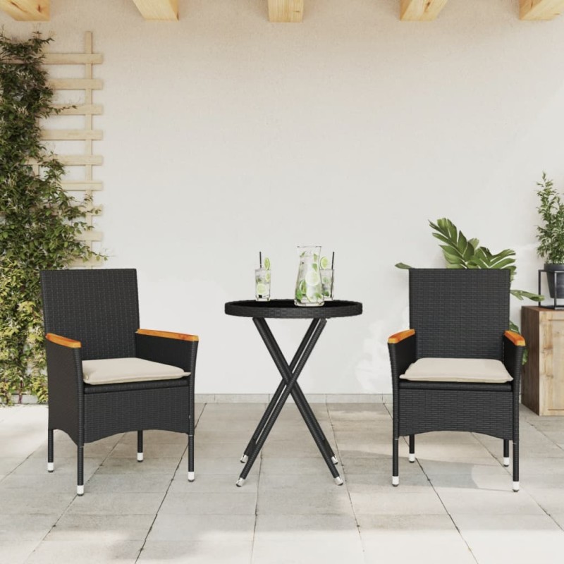 vidaXL 3-tlg. Bistro-Set mit Kissen Schwarz Poly Rattan und Glas vidaXL 3-tlg. Bistro-Set mit Kissen Schwarz Poly Rattan und Glas