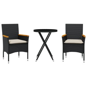 vidaXL 3-tlg. Bistro-Set mit Kissen Schwarz Poly Rattan und Glas