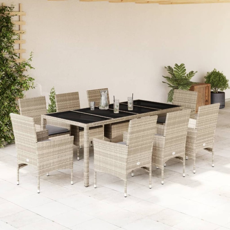 vidaXL 9-tlg. Garten-Essgruppe mit Kissen Hellgrau Poly Rattan & Glas vidaXL 9-tlg. Garten-Essgruppe mit Kissen Hellgrau Poly Rattan & Glas