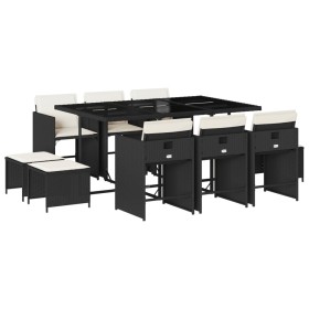 vidaXL 11-tlg. Garten-Essgruppe mit Kissen Schwarz Poly Rattan