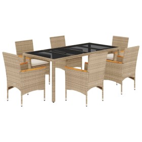 vidaXL 7-tlg. Garten-Essgruppe mit Kissen Beige Poly Rattan und Glas