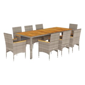vidaXL 9-tlg. Garten-Essgruppe mit Kissen Grau Poly Rattan Akazie