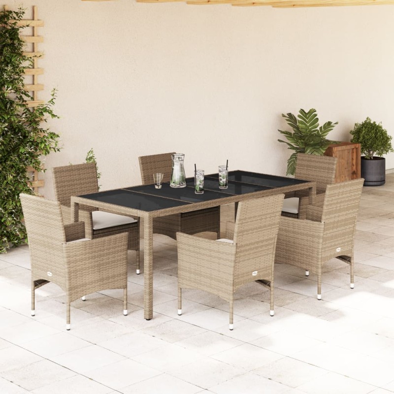 vidaXL 7-tlg. Garten-Essgruppe mit Kissen Beige Poly Rattan und Glas vidaXL 7-tlg. Garten-Essgruppe mit Kissen Beige Poly Rattan und Glas