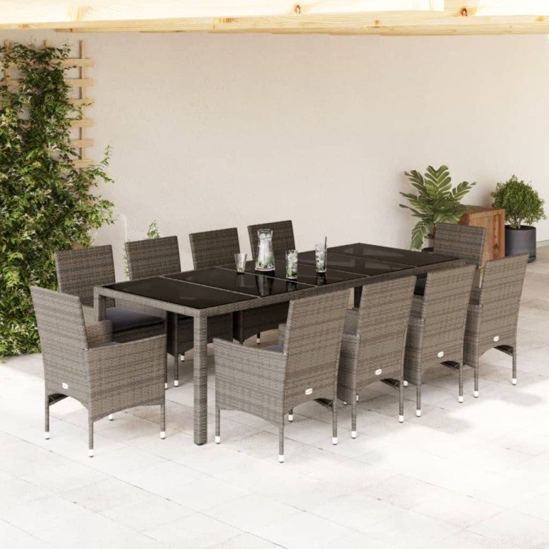 vidaXL 11-tlg. Garten-Essgruppe mit Kissen Grau Poly Rattan Glas vidaXL 11-tlg. Garten-Essgruppe mit Kissen Grau Poly Rattan Glas