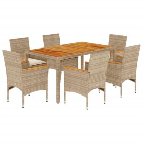 vidaXL 7-tlg. Garten-Essgruppe mit Kissen Beige Poly Rattan Akazie