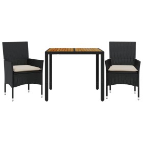 vidaXL 3-tlg. Garten-Essgruppe mit Kissen Schwarz Poly Rattan Akazie