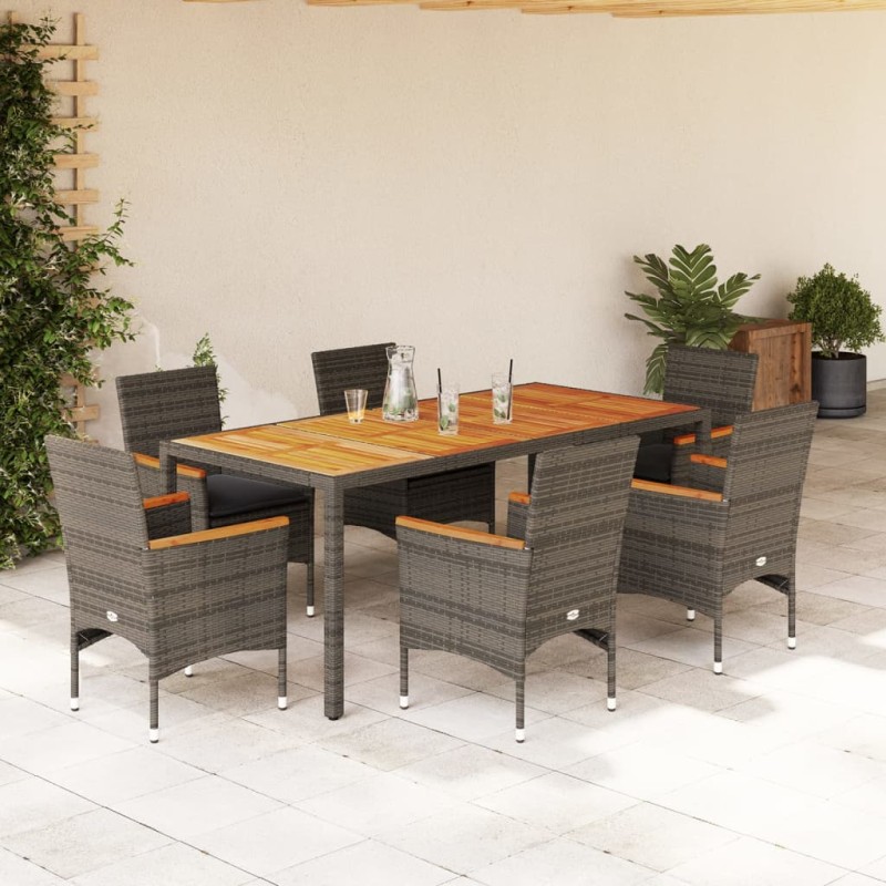 vidaXL 7-tlg. Garten-Essgruppe mit Kissen Grau Poly Rattan Akazie vidaXL 7-tlg. Garten-Essgruppe mit Kissen Grau Poly Rattan Akazie