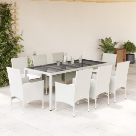 vidaXL 9-tlg. Garten-Essgruppe mit Kissen Weiß Poly Rattan und Glas