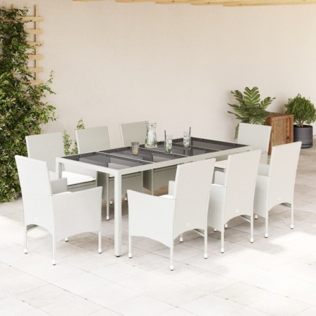 vidaXL 9-tlg. Garten-Essgruppe mit Kissen Weiß Poly Rattan und Glas
