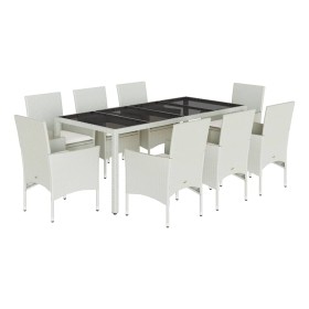 vidaXL 9-tlg. Garten-Essgruppe mit Kissen Weiß Poly Rattan und Glas