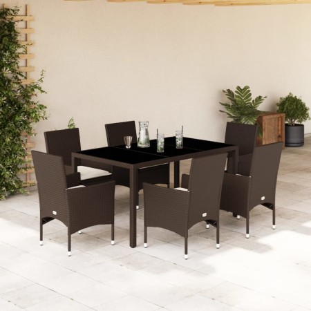 vidaXL 7-tlg. Garten-Essgruppe mit Kissen Braun Poly Rattan und Glas